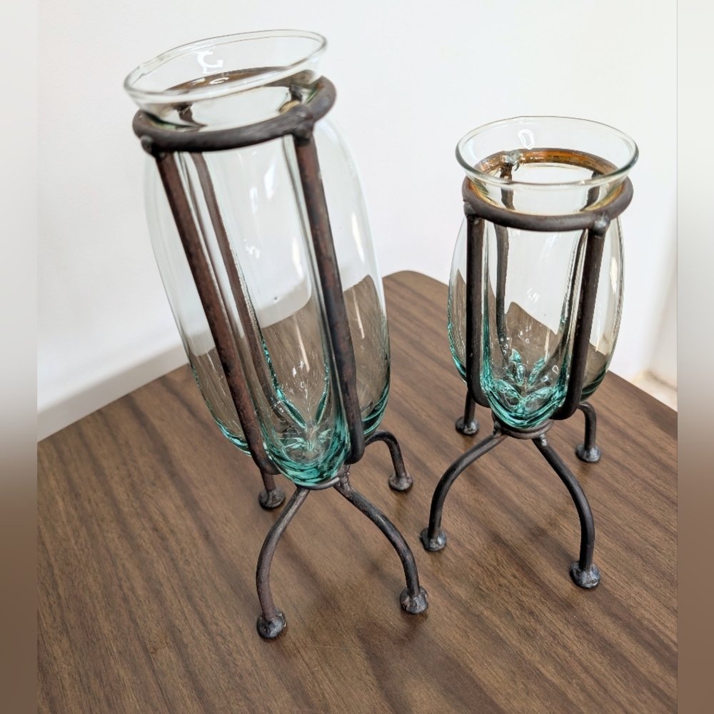Pair Of Blown Caged Glass & Wrought Iron Metal Footed Vases Industrial Brutalist - Picture 12 of 14
